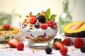 Bowl of yogurt with fruit and granola on a table Royalty Free Stock Photo