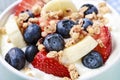 Bowl of yogurt with muesli and fresh fruits: strawberries, blueberries and bananas Royalty Free Stock Photo