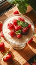 A bowl of yogurt with raspberries and mint Royalty Free Stock Photo