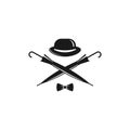 Bowler hat, bow tie and crossed cane umbrellas. Vintage gentleman club logo