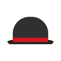 Bowler hat classic accessory clothing symbol vector icon. Flat vintage gentlemen cylinder red label