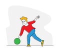 Bowler Male Character Wearing Casual Clothing Throw Ball in Bowling Alley. Professional Player Sport Game Competition