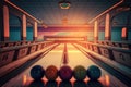 bowling alley, with colorful lanes and balls on display, during sunset