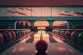 bowling alley, with colorful lanes and balls on display, during sunset