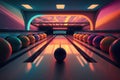 bowling alley, with colorful lanes and balls on display, during sunset Royalty Free Stock Photo