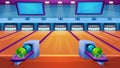 Bowling alley interior flat vector illustration, cartoon empty bowling club with pins balls bowls tenpins sport game