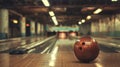 Bowling alley with red bowling ball created with Generative AI. Indoor fun game.