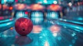 Bowling alley with red bowling ball created with Generative AI. Indoor fun game.