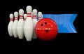 Bowling background with bowling ball and skittles and blue sign Royalty Free Stock Photo