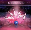 Bowling ball bouncing pins. hit - strike Royalty Free Stock Photo