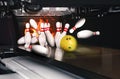 Bowling ball bouncing pins. Successful - strike Royalty Free Stock Photo