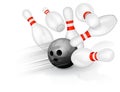 Bowling ball crashing into the pins Royalty Free Stock Photo