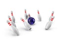 Bowling Ball crashing into the pins. 3D rendering Royalty Free Stock Photo