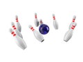 Bowling Ball crashing into the pins. 3D rendering Royalty Free Stock Photo