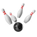 Bowling Ball crashing into the pins on white background Royalty Free Stock Photo