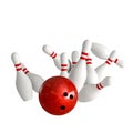 bowling ball hits pins isolated on white