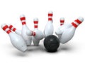 Bowling ball hitting all pins scoring strike, action shot, white background Royalty Free Stock Photo