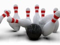 Bowling ball hitting all pins, in a Strike, white background Royalty Free Stock Photo