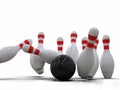 Bowling ball hitting all pins, in a Strike, white background Royalty Free Stock Photo