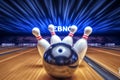 a bowling ball hitting pins in bowling club generative AI Royalty Free Stock Photo