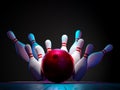 bowling ball hitting pins Royalty Free Stock Photo