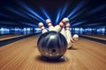 a bowling ball hitting pins generative AI Royalty Free Stock Photo