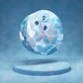 Bowling Ball icon. Cracked blue Ice Bowling Ball symbol on blue snow podium