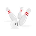 Bowling ball and pin isolated on background. Bowling ball and pin in cartoon flat style. Vector icon Royalty Free Stock Photo