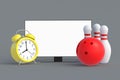 Bowling ball pins near alarm clock and tv with white isolated screen Royalty Free Stock Photo
