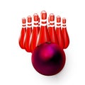 Bowling Ball red 3D and Pins, skittles realistic. Illustration vector for web design isolated on white background. Shiny And Clean Royalty Free Stock Photo