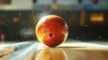 Bowling ball rolling down lane creating water splash