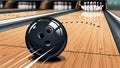 Bowling ball rolling down lane towards pins Royalty Free Stock Photo