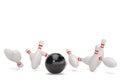 Bowling ball and scattered skittle.3D illustration.