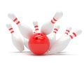 Bowling ball and scattered skittles Royalty Free Stock Photo