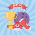Bowling ball shoes and trophy game recreational sport flat design Royalty Free Stock Photo