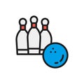 Bowling, ball with skittles flat color line icon.