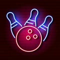 Bowling Ball And Skittles Neon Lights. Vector Royalty Free Stock Photo