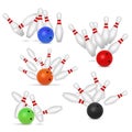 Bowling ball and skittles set, vector realistic illustration Royalty Free Stock Photo