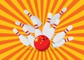 Bowling ball with the United State flag breaks bowling pins Royalty Free Stock Photo