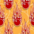 Seamless vector pattern with bowling ball icons and flames.
