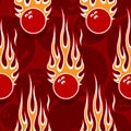 Seamless vector pattern with bowling ball icons and flames. Royalty Free Stock Photo