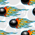 Seamless vector pattern with bowling ball icons and flames.