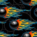 Seamless vector pattern with bowling ball icons and flames.