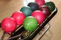 Bowling balls red green closeup row Royalty Free Stock Photo