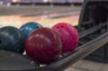 Bowling balls on returner at alley Royalty Free Stock Photo