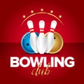 Bowling banner, card template, bowling champ club and leagues symbols. Realistic vector illustration.