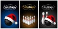 Bowling Christmas Balls with Santa Hat and pin - Merry christmas Greeting Card - vector design illustration Set of Blue Gold Bla Royalty Free Stock Photo