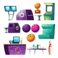 Bowling club equipment icons, design elements set