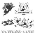 Bowling club logo vector set in vintage style. Labels, badges and emblems. Strike, balls, ninepins Royalty Free Stock Photo