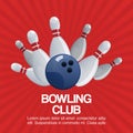 Bowling club on retro red background vector poster illustration. Ball crashing into the white glossy skittles. Sport Royalty Free Stock Photo